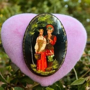 Vintage Russian Soviet Lacquer Brooch Hand Painted Artist Signed Folk Art Pin
